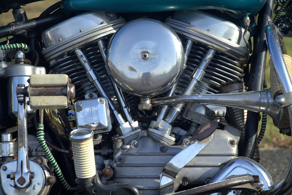 close view of the Panhead engine and the kickstarter