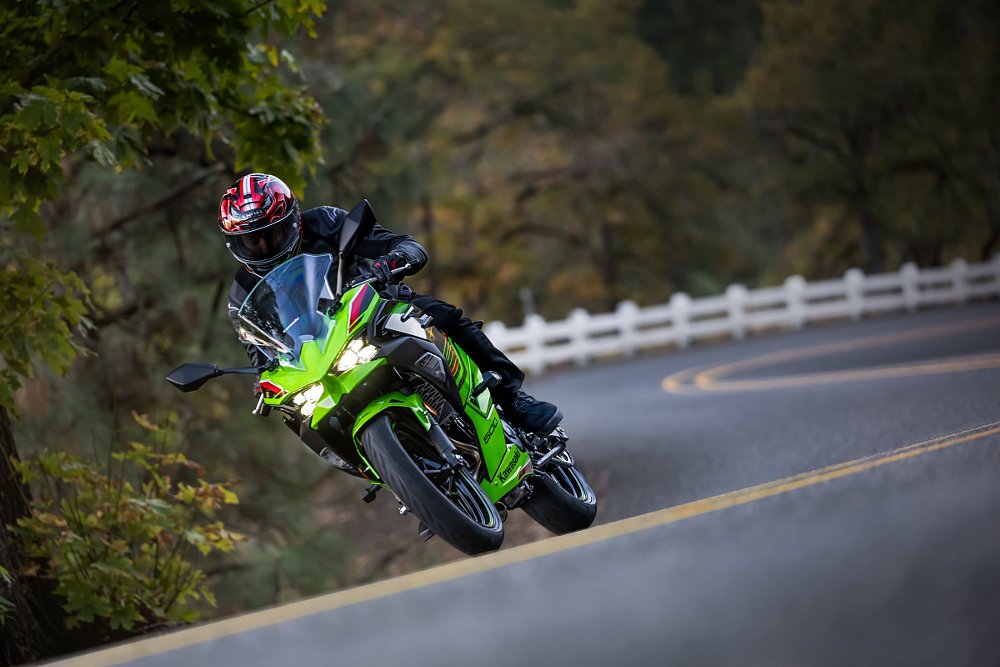 2024 Kawasaki Ninja 500 on a curvy country road