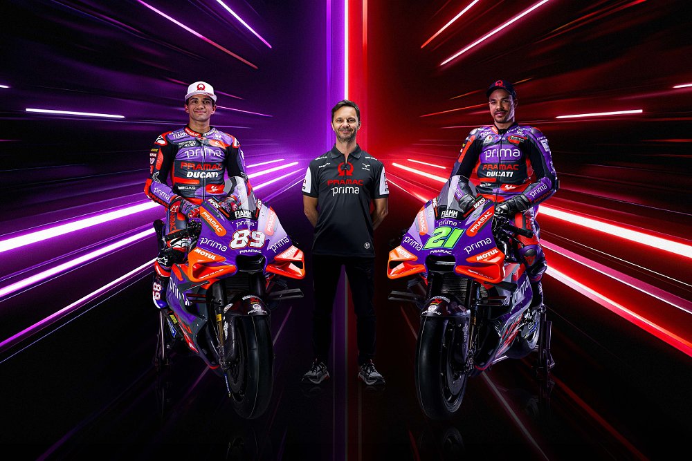 studio photo of Jorge Martin, Gino Borsoi and Franco Morbidelli with their racing motorcycles
