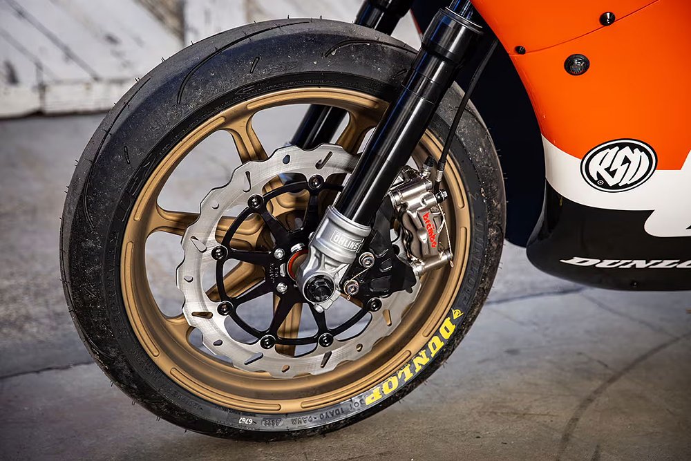 close shot of the front wheel and suspension