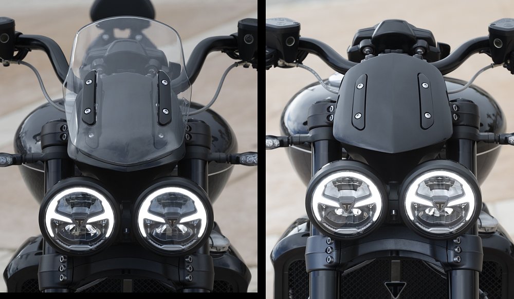 side by side front views of the Rocket 3 Storm GT, with a small flyscreen, and R