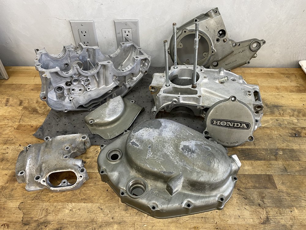 XL250 engine parts before vapor honing. 
