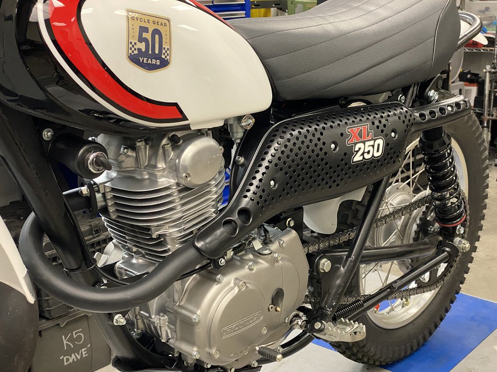 Restored exhaust on the 1974 XL250.