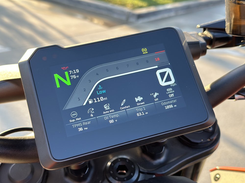 Detail of a KTM 1390 Super Duke R TFT dash screen.