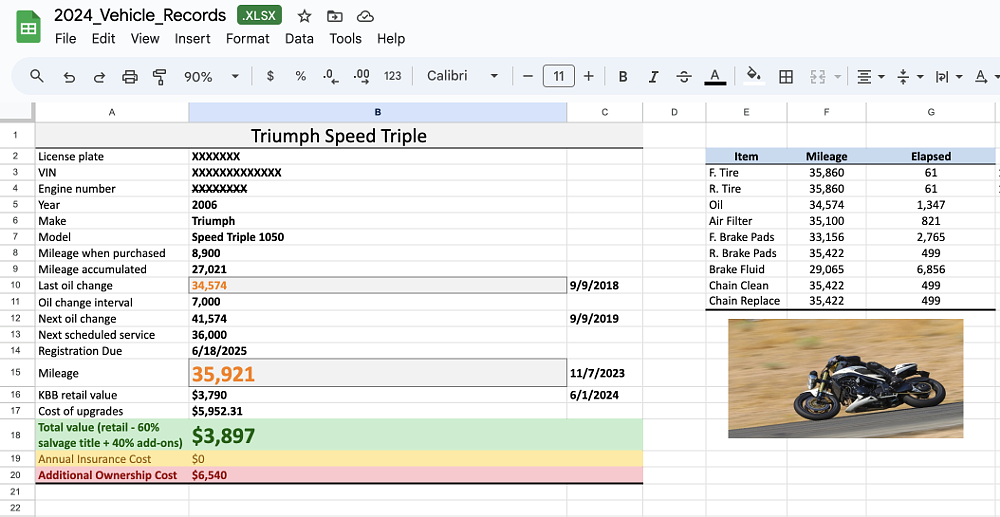 Motorcycle service log