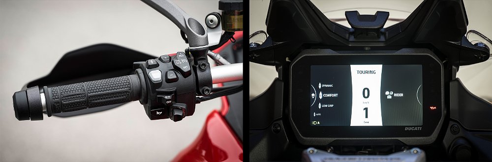 The Multistrada's new dedicated suspension button is located on the left switchgear. The corresponding menu takes over the entire 6.5-inch TFT display.