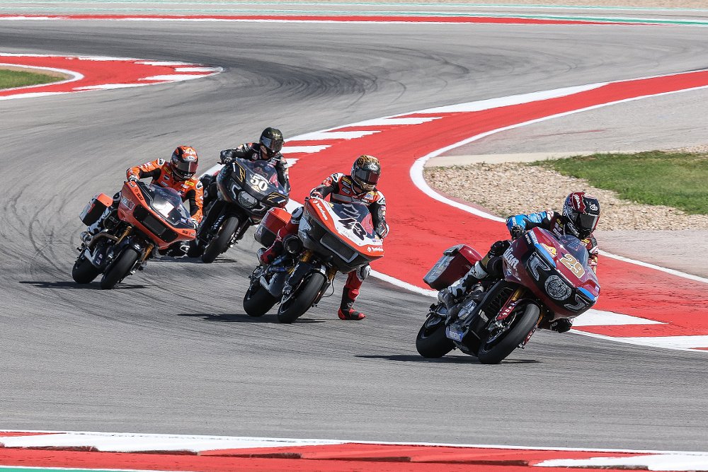 King of the Baggers bikes racing through the curves at COTA