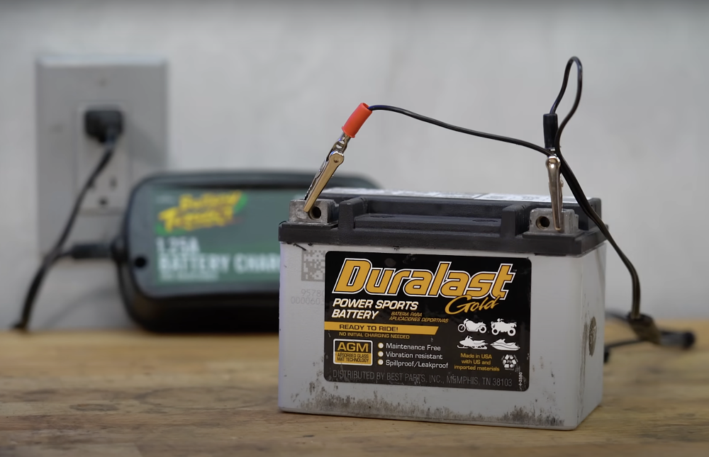 Motorcycle battery on a charger