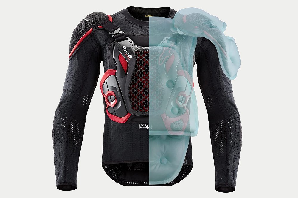 A double exposure of an Alpinestars Tech-Air Off-Road airbag system in standard and deployed form.