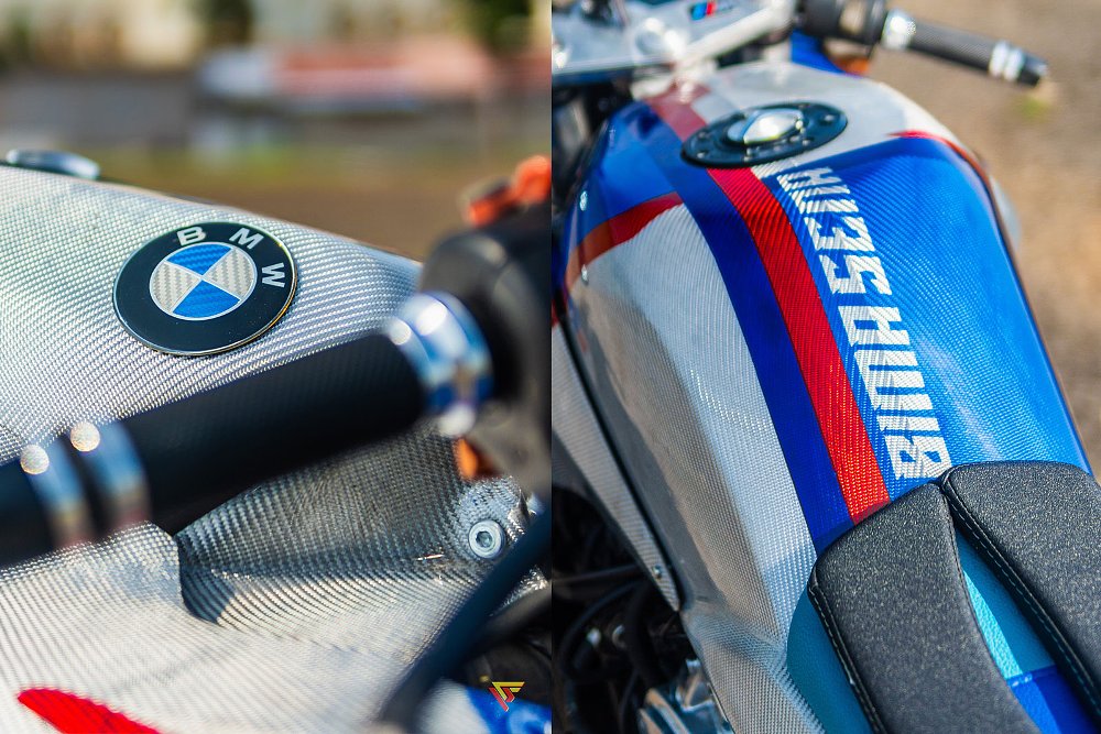 two views of the weave bodywork in shiny silver blue and red colors
