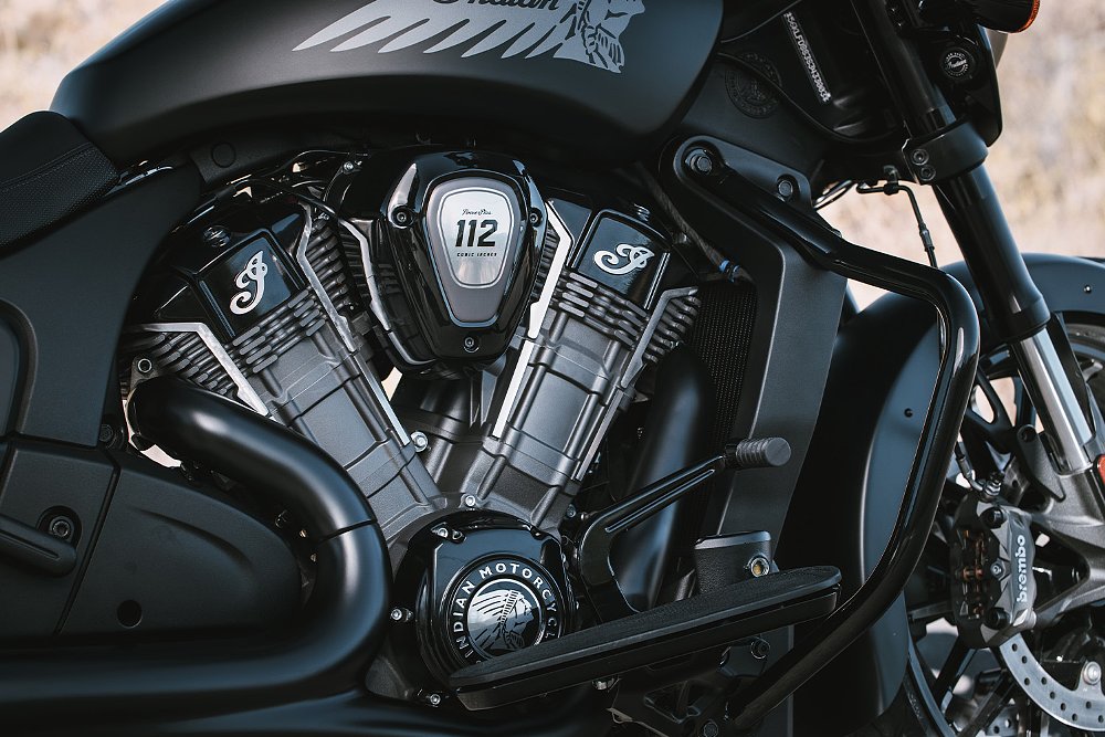 Indian's liquid-cooled PowerPlus 112 V-twin pictured within the 2025 Chieftain.