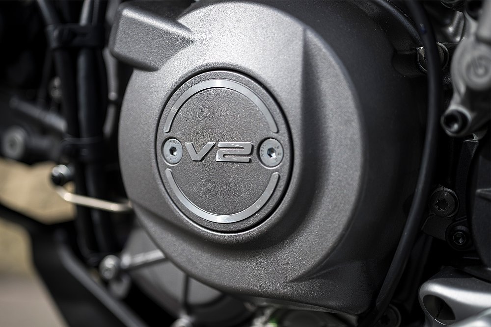 A close-up of the Multistrada V2 S's engine cover.