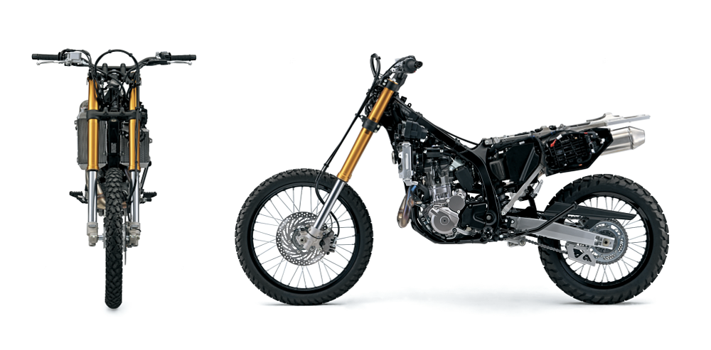 2025 Suzuki DR-Z4S stripped of bodywork, shown from the front and left side.