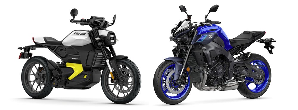 A Can-Am Pulse and Yamaha MT-10 pictured against a white background.