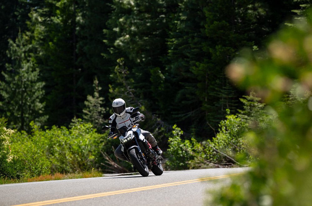 riding the CB750 Hornet through a curve on a forested road