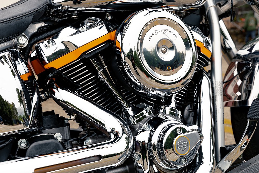 A close-up of the Harley-Davidson Fat Boy Gray Ghost's Milwaukee-Eight 117 V-twin.