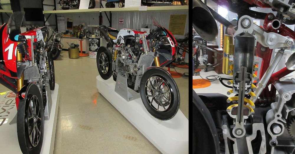 image of a Ducati cut in two to show the internals, and a closeup of the shock absorber