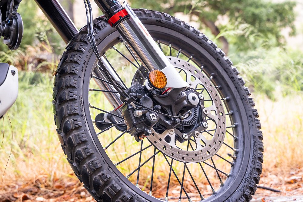 2025 KTM 390 Adventure R front brake detail.
