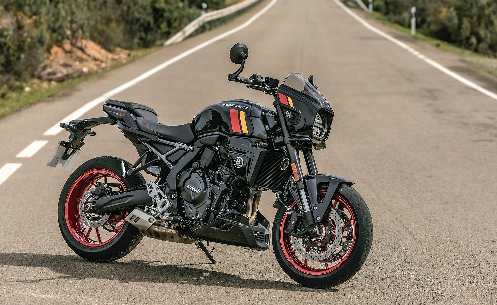 black GSX-8TT with red wheels parked on a road