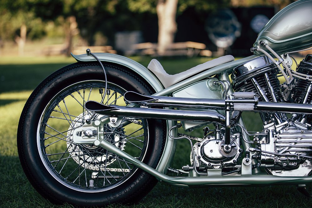 side view of the chromed exhaust with exits on the side