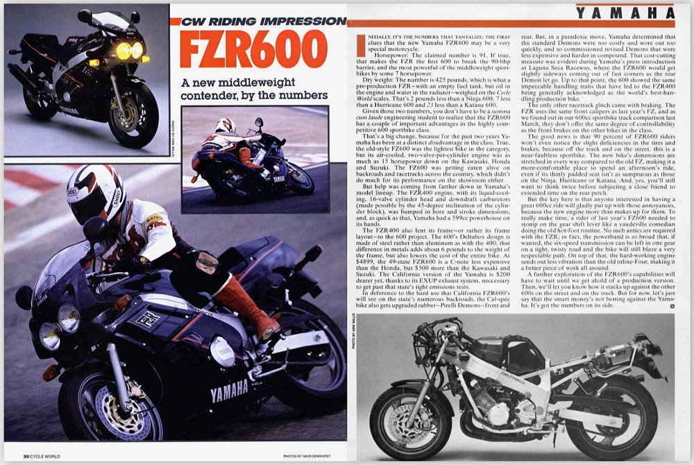 two-page spread of Cycle World magazine featuring a review of the FZR600
