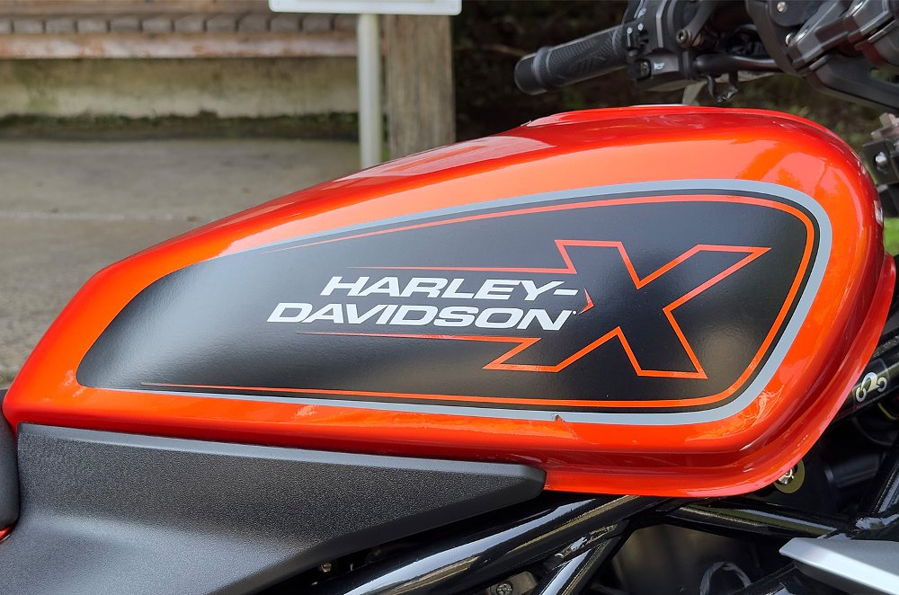 A close-up of the Harley-Davidson X350's fuel tank.