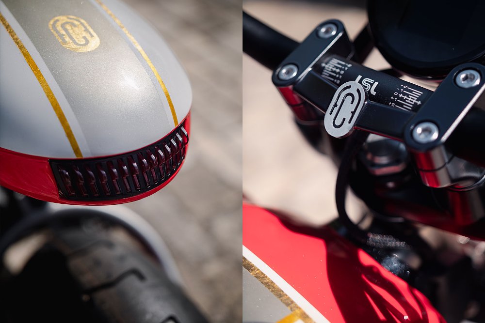 detail shots of inset rear light and initials on the triple tree clamp