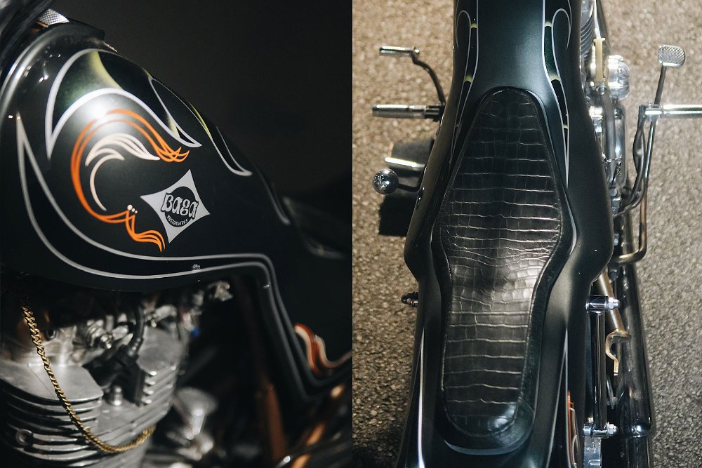close view of the pinstriping on the fuel tank and overhead view of the crocodile seat cover