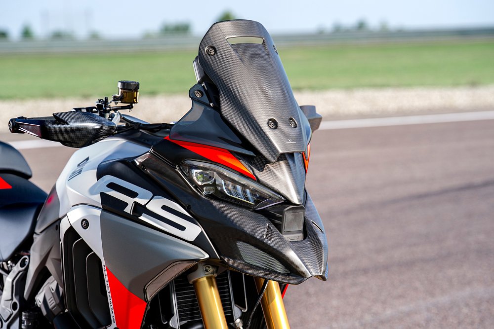 front view of the Multistrada showing carbon fiber beak under the headlight