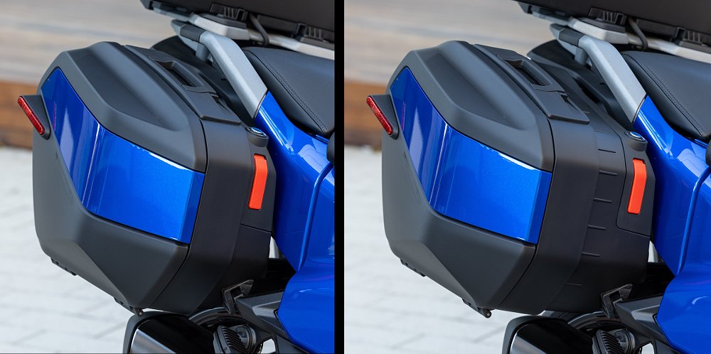 two photos showing the side cases expanded and in their smaller configuration